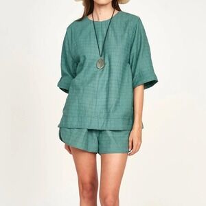 NWT MIRTH Field Top & Shorts Set Womens Small Teal Stitch Cotton Handmade Boho
